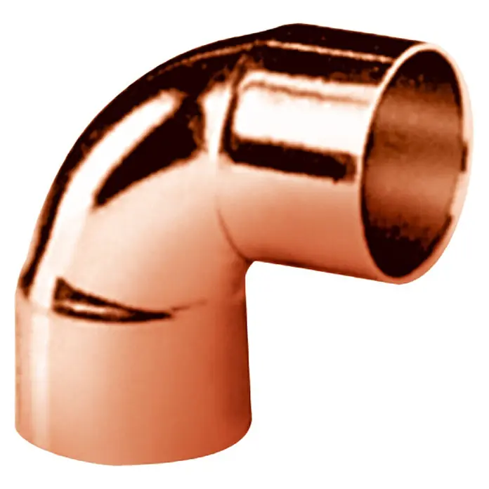 Kupfer-Winkel 5090 II - Durchmesser: 15 mm, 90 °, 10 Stk. - Nahaufnahme eines Kupferrohrbogens. Er ist glänzend und hat eine gebogene Form, die einen 90-Grad-Winkel bildet.