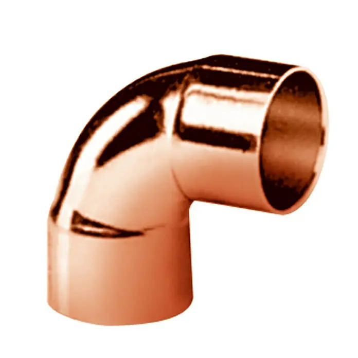 Kupfer-Winkel 5090 II - Durchmesser: 15 mm, 90 °, 10 Stk. - Nahaufnahme eines Kupferrohrbogens. Er ist glänzend und hat eine gebogene Form, die einen 90-Grad-Winkel bildet.