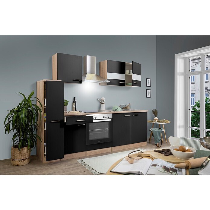 Respekta Küchenzeile KB240ESSC (Breite: 240 cm, Mit Elektrogeräten, Schwarz)