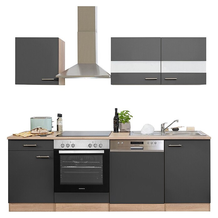 Respekta Küchenzeile KB220ESGC (Breite: 220 cm, Mit Elektrogeräten, Grau)