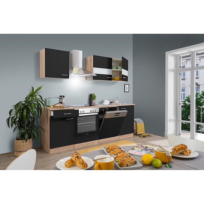 Respekta Küchenzeile KB220ESSC (Breite: 220 cm, Mit Elektrogeräten, Schwarz)
