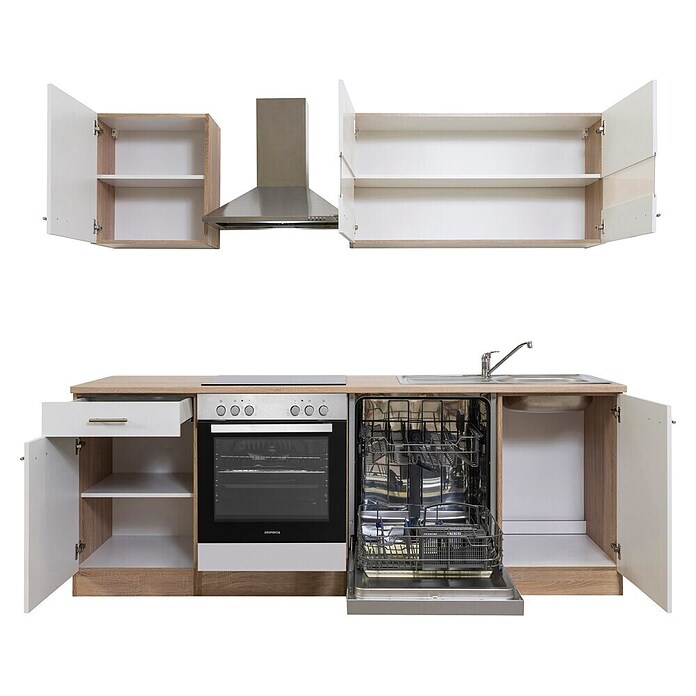 Respekta Küchenzeile KB220ESWC (Breite: 220 cm, Mit Elektrogeräten, Weiß)