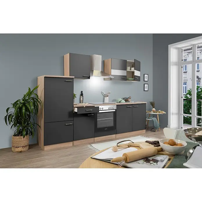 Respekta Singleküche Merle Typ 1 - Breite: 270 cm, Grau, Mit Elektrogeräten, Volumen Backofen: 72 l - Moderne Einbauküche in Anthrazit und Holzoptik mit integriertem Backofen und Kochfeld, bietet stilvollen Stauraum und Kochbereich.