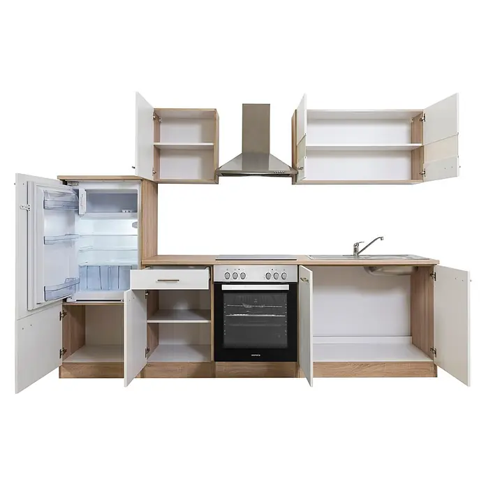 Respekta Singleküche Merle Typ 1 - Breite: 270 cm, Weiß, Mit Elektrogeräten, Volumen Backofen: 72 l - Kompakte Küchenzeile mit weißen und hellen Holzschränken, integriertem Kühlschrank, Backofen, Kochfeld, Spüle und Edelstahl-Dunstabzugshaube.