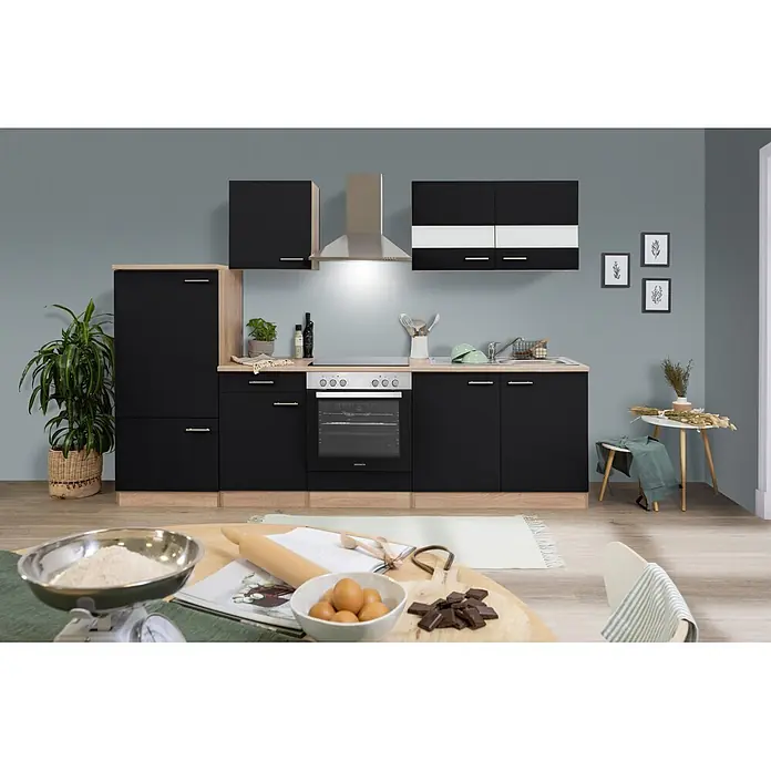 Respekta Singleküche Merle Typ 1 - Breite: 270 cm, Schwarz, Mit Elektrogeräten, Volumen Backofen: 72 l - Eine moderne Küchenzeile mit schwarzen Schränken, Holzplatte, Backofen und Spüle in einem funktionalen Küchenbereich.