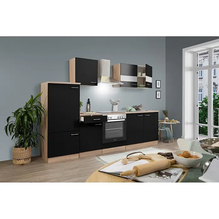 Respekta Singleküche Merle Typ 1 - Breite: 270 cm, Schwarz, Mit Elektrogeräten, Volumen Backofen: 72 l - Moderne schwarze Küchenzeile mit Holzdekor und integrierten Geräten in einer Küche.