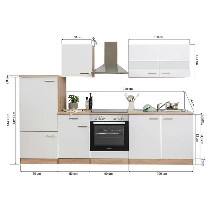 Respekta Singleküche Merle Typ 1 - Breite: 270 cm, Schwarz, Mit Elektrogeräten, Volumen Backofen: 72 l - Modulare Küchenzeile mit weißen Schränken, hellen Holzoptik-Arbeitsplatten, integriertem Backofen, Kochfeld, Spüle und Dunstabzugshaube.