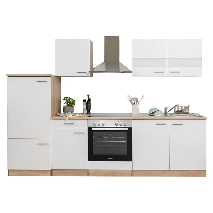 Respekta Singleküche Merle Typ 1 - Breite: 270 cm, Weiß, Mit Elektrogeräten, Volumen Backofen: 72 l - Eine moderne Küchenzeile mit weißen Schränken, hellen Holzdetails, integriertem Ofen, Kochfeld, Spüle und Dunstabzugshaube.