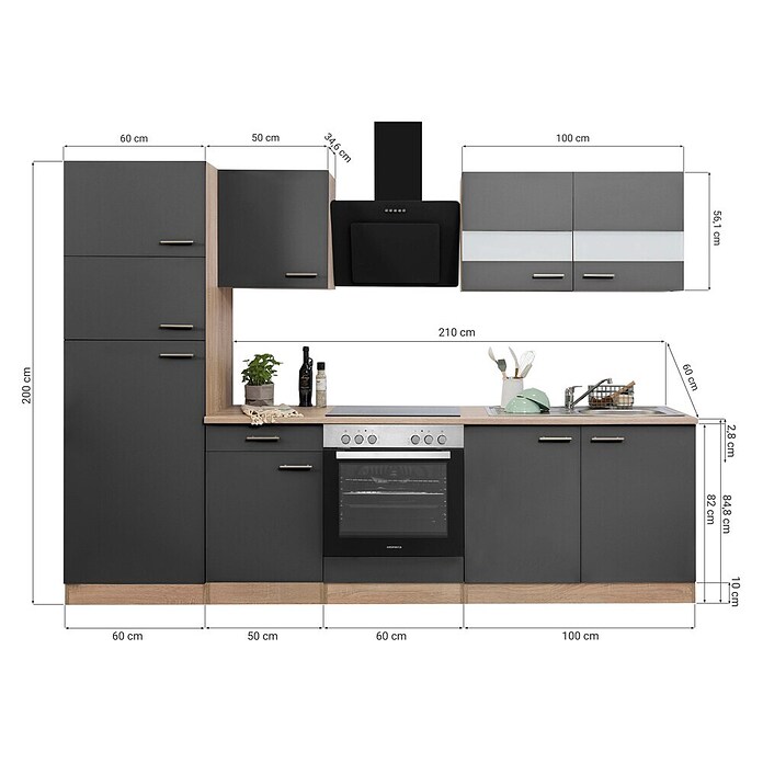Respekta Küchenzeile KB270ESSCGKE (Breite: 270 cm, Mit Elektrogeräten, Schwarz)