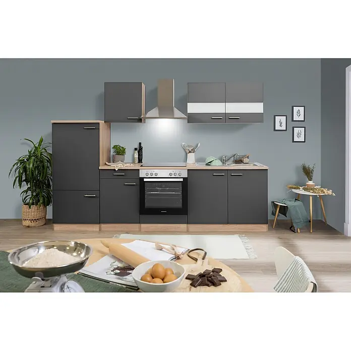 Respekta Singleküche Merle Typ 1 - Breite: 270 cm, Grau, Mit Elektrogeräten, Volumen Backofen: 72 l - Kompaktküche: anthrazitfarbene Schränke, helle Holztheke, integrierter Backofen, Kochfeld, Spüle. Oberschränke mit weißen Glasakzenten.