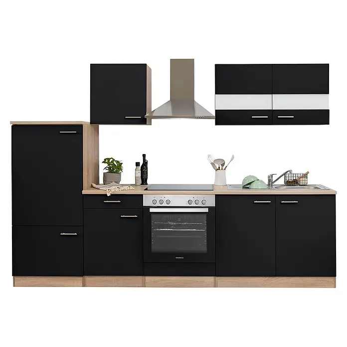 Respekta Singleküche Merle Typ 1 - Breite: 270 cm, Schwarz, Mit Elektrogeräten, Volumen Backofen: 72 l - Moderne modulare Küchenzeile in Schwarz und hellem Holz mit Spüle, Kochfeld, Backofen, Dunstabzugshaube und Schränken, plus hohem Kühlfach.
