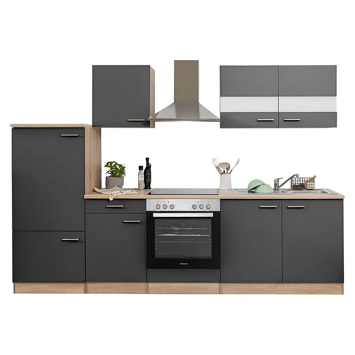 Respekta Singleküche Merle Typ 1 - Breite: 270 cm, Grau, Mit Elektrogeräten, Volumen Backofen: 72 l - Moderne dunkelgraue Küchenzeile mit hellen Holzakzenten, integriertem Backofen, Kochfeld, Spüle und Dunstabzugshaube.