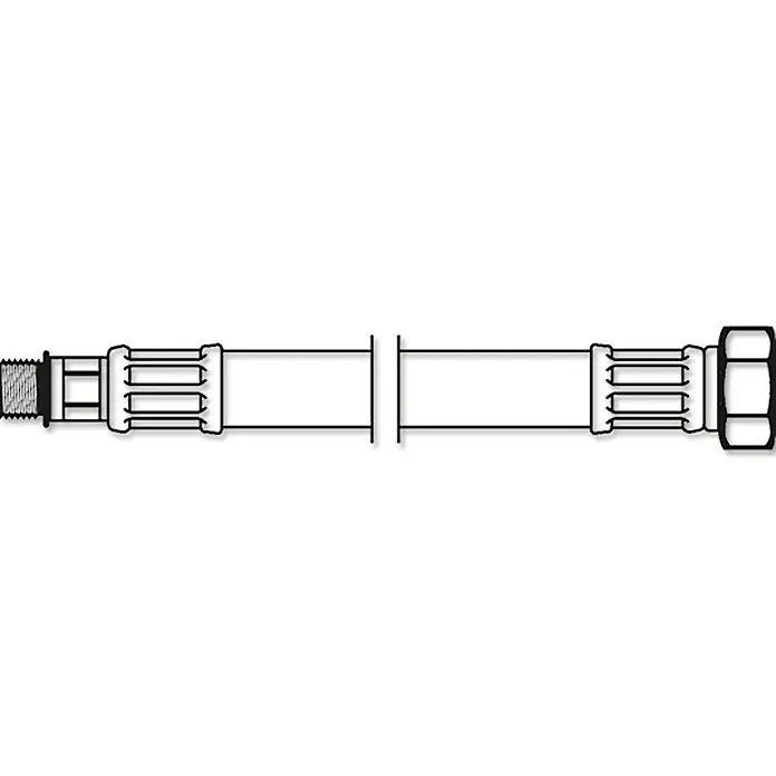 Flexo Anschlussschlauch - ⅜″, Länge: 33,5 cm, M 10 - Schemazeichnung eines flexiblen Metallschlauchs mit Gewindeanschluss und einer Überwurfmutter, ideal für Sanitär- und Heizungsinstallationen.