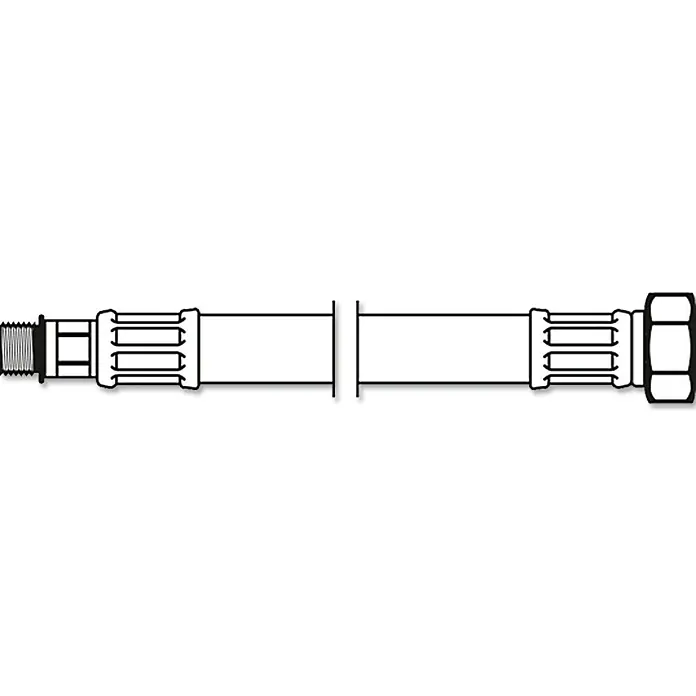 Flexo Anschlussschlauch - ⅜″, Länge: 50 cm, M 10 - Hier ist ein Bild, das eine gezeichnete Darstellung eines Hydraulikschlauchs mit Gewinde an einem Ende und einer Mutter am anderen Ende zeigt.