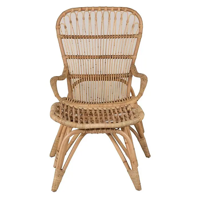 Ebuy24 Gartensessel Ella - 1 Stk., Rattan, 70% Polyester, 30% Baumwolle, B x T x H: 70 x 85 x 98 cm - Natürlicher Rattan-Stuhl mit hoher Rückenlehne, geflochtener Sitzfläche und Armlehnen.
