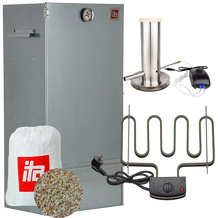 ITA Räucherofen 7005 81x28x40 cm Edelstahl mit Heizelement Rauchgenerator -  - Komplettes elektrisches Räucherofen-Set mit grauem Metallschrank, Edelstahl-Rauchgenerator, Heizelement und Holzchips.