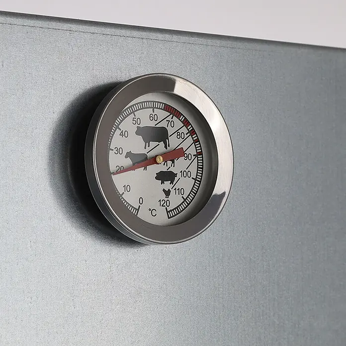 ITA Räucherofen 7000 81x28x40 cm Legierter Stahl mit Heizelement Rauchgenerator -  - Rundes Edelstahl-Fleischthermometer mit Celsius-Skala und Symbolen für Rind, Schwein, Geflügel.