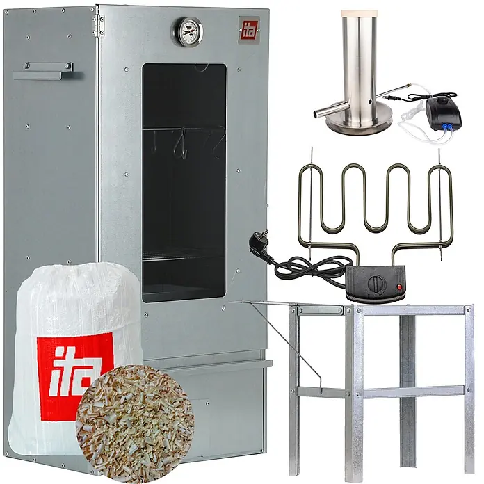 Ita Räucherofen 7000 - B x T x H: 40 x 28 x 81 cm, 2 kW - Komplettes Räucherofen-Set aus Metall mit Schrank, Thermometer, Heizelement, Rauchgenerator, Holzspänen und Metallständer.