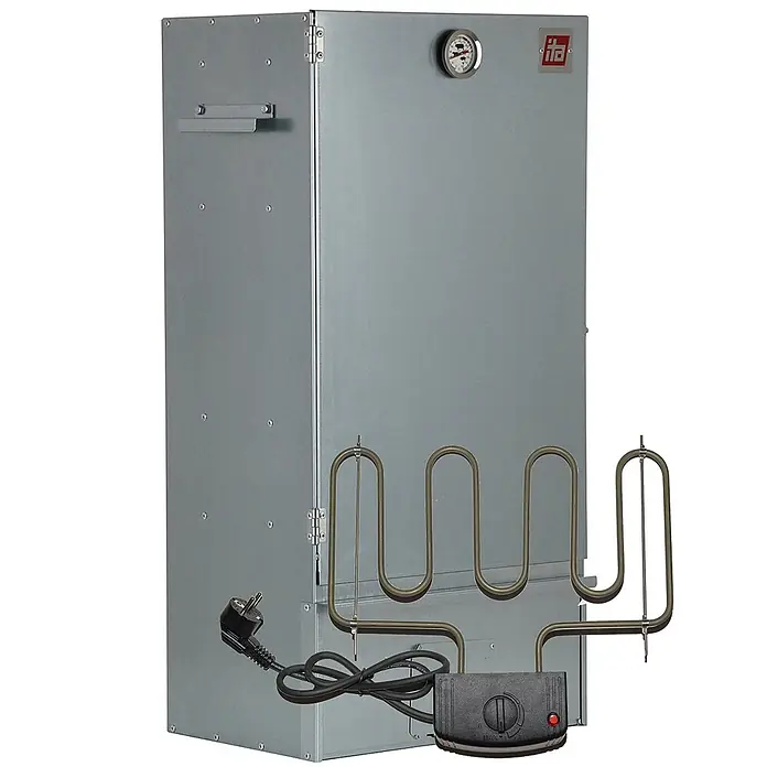 ITA Räucherofen 7005 81x28x40 cm Edelstahl mit Heizelement -  - Grauer Metall-Räucherofen mit externen elektrischen Heizelementen, Netzkabel und Thermometer.