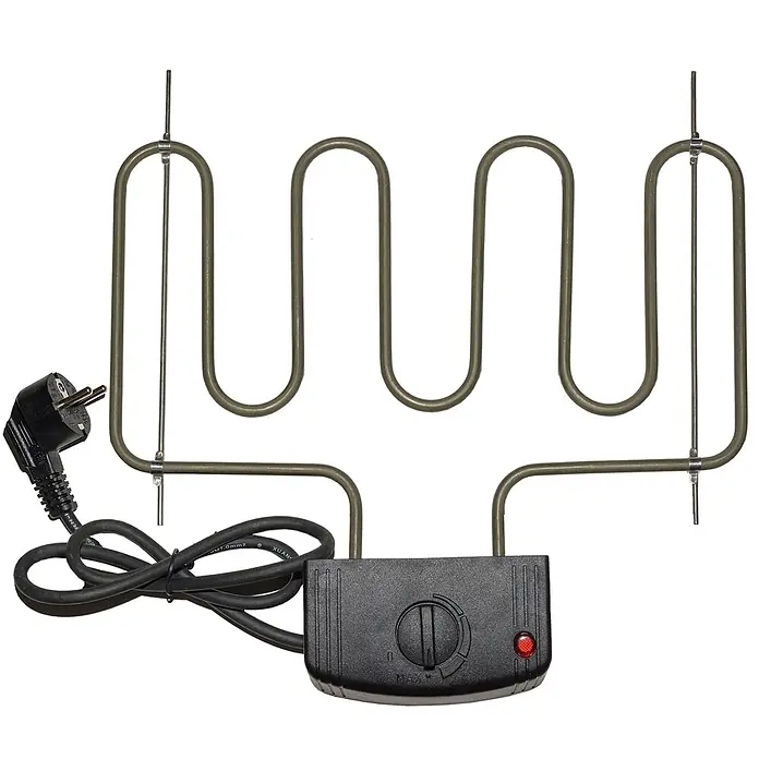 ITA Räucherofen 7005 81x28x40 cm Edelstahl mit Heizelement -  - Gewellter Metall-Elektrogrill-Heizeinsatz mit schwarzem Netzkabel, Stecker und einer Steuereinheit mit Temperaturregler und roter Kontrollleuchte.