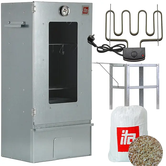 Ita Räucherofen 7000 - B x T x H: 40 x 28 x 81 cm, 2 kW - Elektrischer Räucherofen aus verzinktem Stahl mit Heizelement, Ständer und Holzspänen.