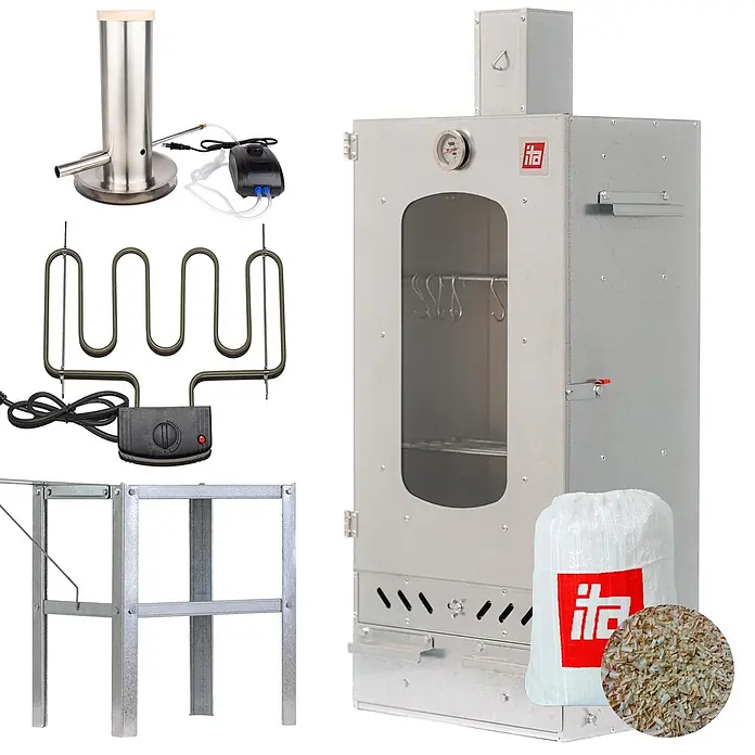 ITA Räucherofen 7012 81x28x40 cm Legierter Stahl mit Heizelement Tisch Rauchgenerator -  - Komplettset für einen Metall-Räucherofen: Schrank, Rauchgenerator, Heizelement, Ständer und Holzspäne.