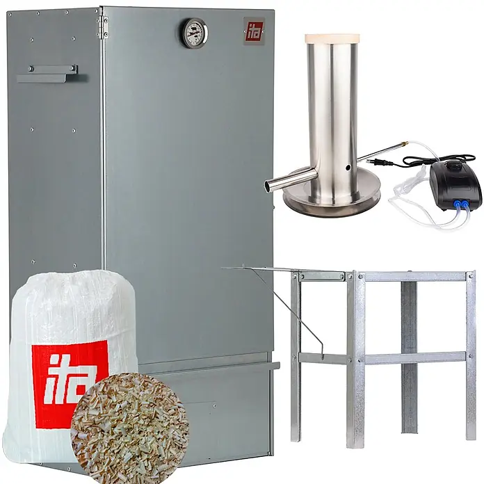 ITA Räucherofen 7005 81x28x40 cm Edelstahl mit Rauchgenerator Tisch -  - Graues Metall-Räucherschrank-Set mit Edelstahl-Rauchgenerator, Holzchips und verzinktem Ständer.