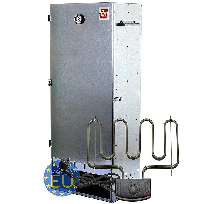 ITA Räucherofen 7003 111x29x47 cm Legierter Stahl mit Heizelement -  - Silberfarbener Metall-Räucherschrank mit Thermometer und Logo, dazu zwei gewellte elektrische Heizelemente und eine schwarze Steuerbox. "Made in EU" Aufkleber.