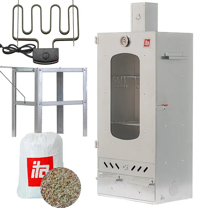 ITA Räucherofen 7012 81x28x40 cm Legierter Stahl mit Heizelement Tisch -  - Räucherschrank-Set aus verzinktem Metall mit elektrischem Heizelement, Ständer und Holzspänen.