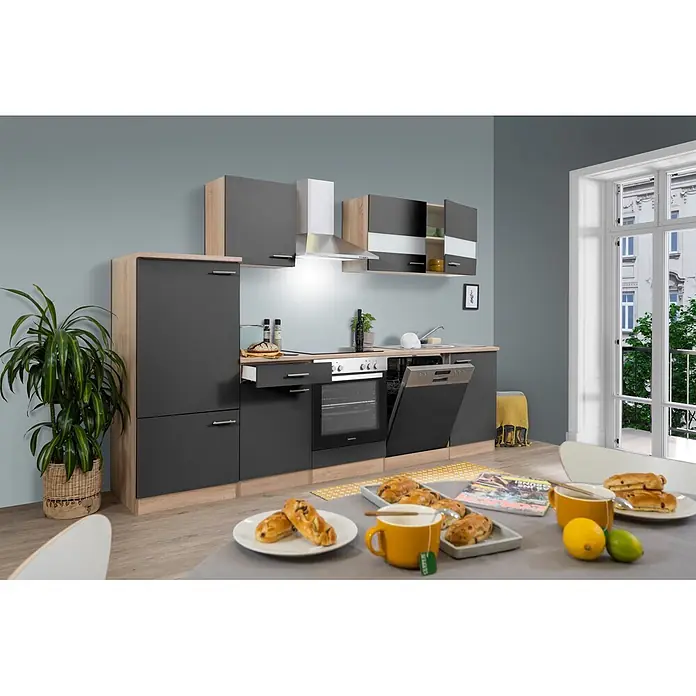 Respekta Küchenzeile Merle Typ 1 - Breite: 280 cm, Grau, Mit Elektrogeräten - Moderne Einbauküche in Grau-Holzoptik mit integriertem Backofen, Kochfeld, Spüle und Geschirrspüler in einem zeitgenössischen Raum.
