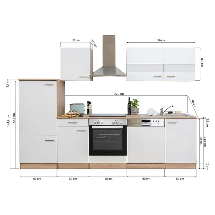 Respekta Küchenzeile Merle Typ 1 - Breite: 280 cm, Grau, Mit Elektrogeräten - Weiße Einbauküche mit Arbeitsplatten in Holzoptik, Unterschränken, Backofen, Geschirrspüler, Spüle, Dunstabzugshaube und Oberschränken. Gesamtbreite 220 cm.