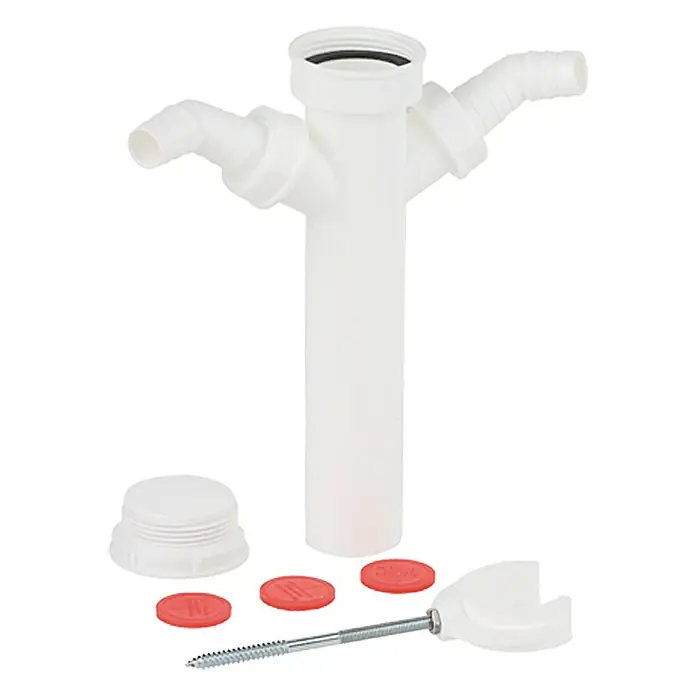 Admiral Verstellrohr - 1 ½″, DN 40, Länge: 25 cm, 2 x Geräteanschluss, Weiß - Ein weißes Spülbecken-Abflussrohr-Set mit Schrauben, Dichtungen und Deckel. Ein nützliches Set für Sanitärinstallationen und Reparaturen.