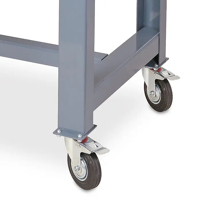BRB Fahrbare Werkbank, BxTxH 1500x700x830 mm | 2 Bockrollen, 2 Lenkrollen mit Feststellbremsen, Rad-Ø 125 mm -  - Graues Metallgestell mit zwei Lenkrollen für Mobilität, ausgestattet mit schwarzen Rädern und Bremshebeln.