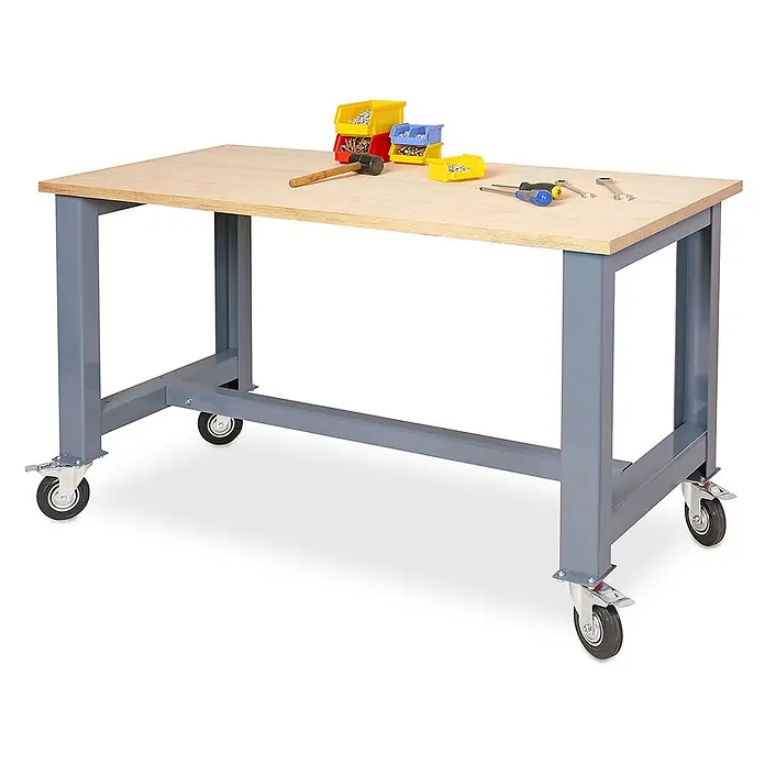 BRB Fahrbare Werkbank, BxTxH 1500x700x830 mm | 2 Bockrollen, 2 Lenkrollen mit Feststellbremsen, Rad-Ø 125 mm -  - Werkbank mit heller Holzplatte und grauem Metallrahmen, mit Rollen für Mobilität.