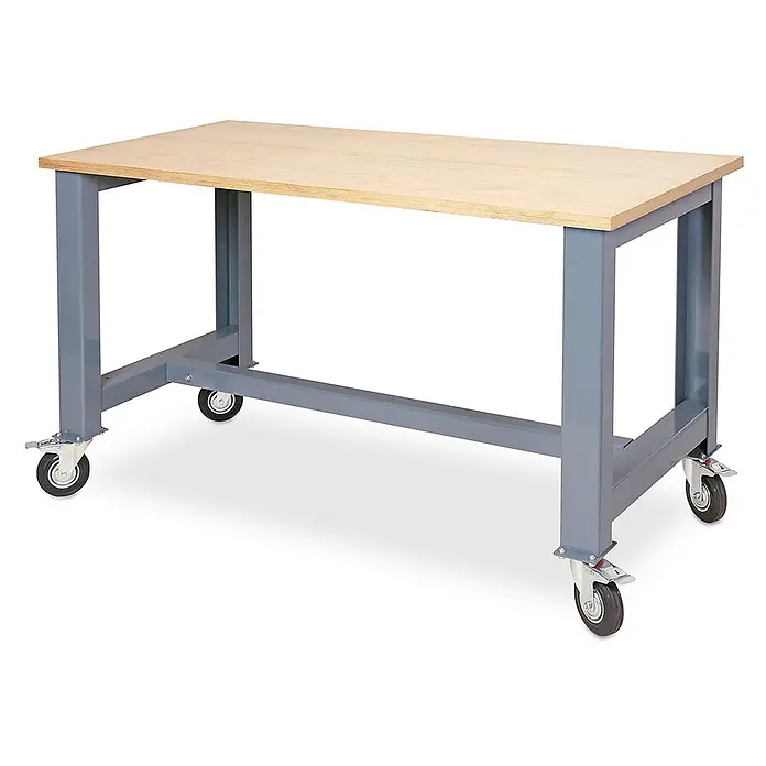 BRB Fahrbare Werkbank, BxTxH 1500x700x830 mm | 2 Bockrollen, 2 Lenkrollen mit Feststellbremsen, Rad-Ø 125 mm -  - Werkbank mit heller Holzplatte und grauem Metallgestell, ausgestattet mit Rollen für leichte Beweglichkeit.