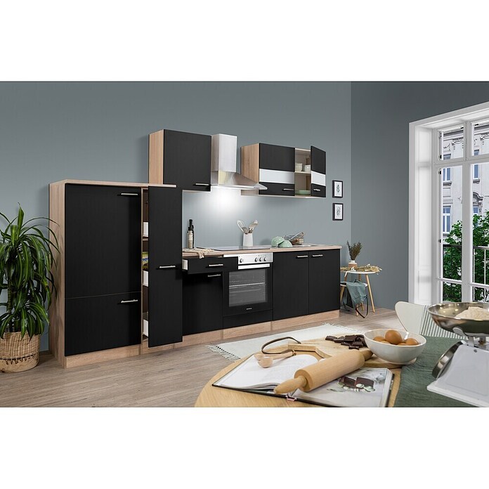 Respekta Küchenzeile KB300ESSC (Breite: 300 cm, Mit Elektrogeräten, Schwarz)