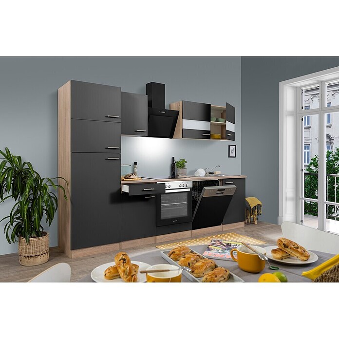 Respekta Küchenzeile KB280ESGCGKE (Breite: 280 cm, Mit Elektrogeräten, Grau)