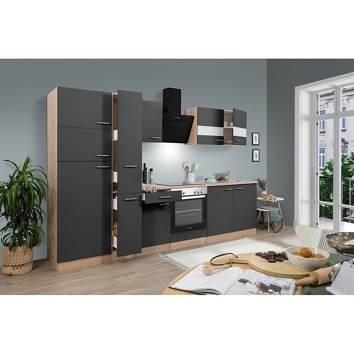 Respekta Küchenzeile KB300ESGCGKE (Breite: 300 cm, Mit Elektrogeräten, Grau)