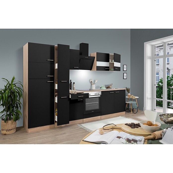 Respekta Küchenzeile KB300ESSCGKE (Breite: 300 cm, Mit Elektrogeräten, Schwarz)