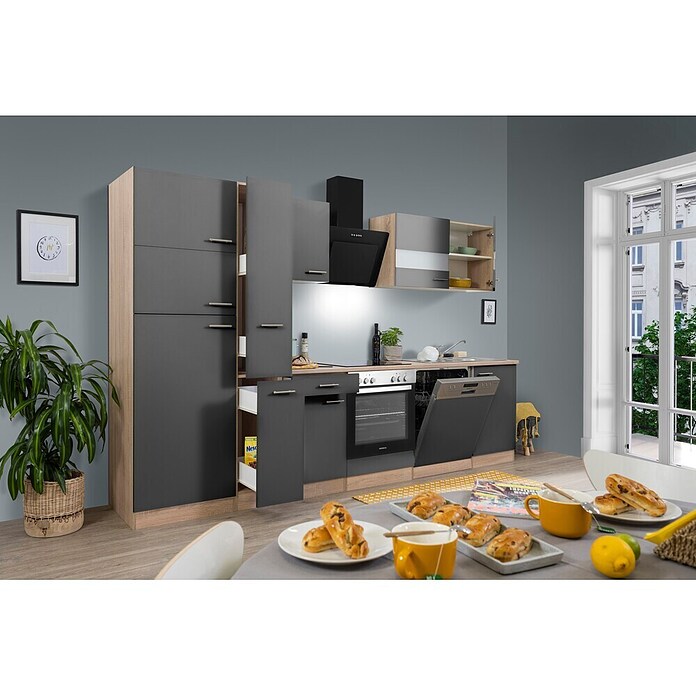 Respekta Küchenzeile KB310ESGCGKE (Breite: 310 cm, Mit Elektrogeräten, Grau)