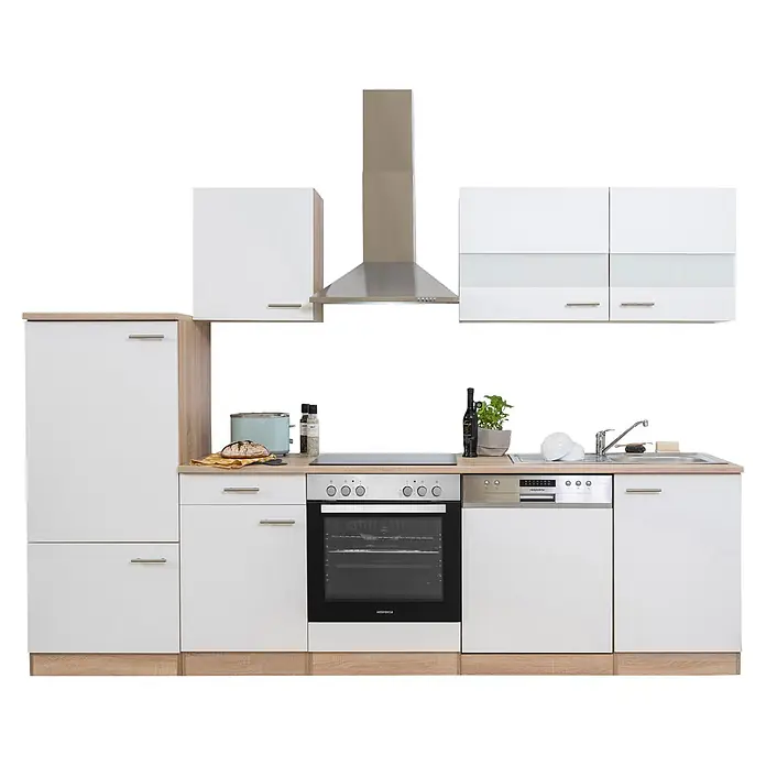 Respekta Küchenzeile Merle Typ 1 - Breite: 280 cm, Weiß, Mit Elektrogeräten - Moderne weiße Küchenzeile mit hellen Holzdetails, integrierten Edelstahlgeräten und passender Dunstabzugshaube.
