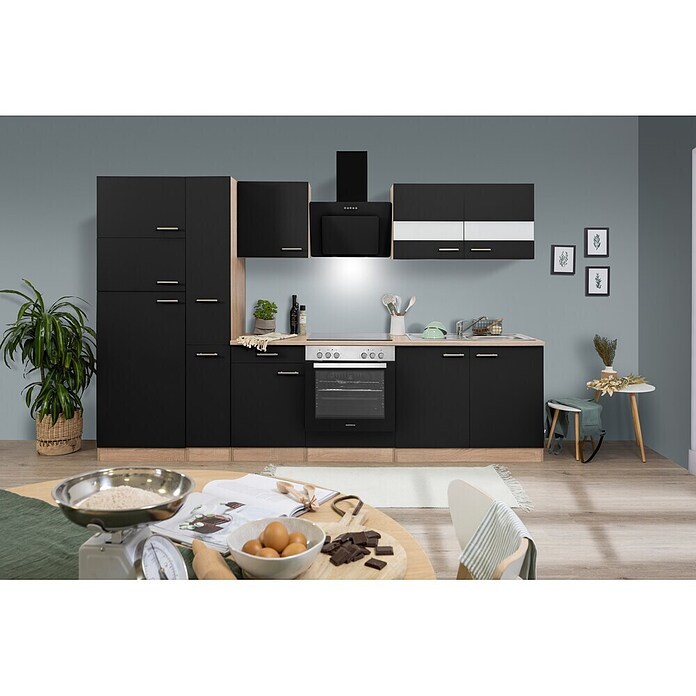 Respekta Küchenzeile KB300ESSCGKE (Breite: 300 cm, Mit Elektrogeräten, Schwarz)