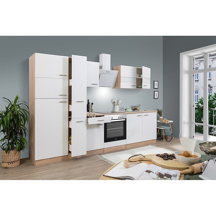 Respekta Küchenzeile KB300ESWCGKE (Breite: 300 cm, Mit Elektrogeräten, Weiß)