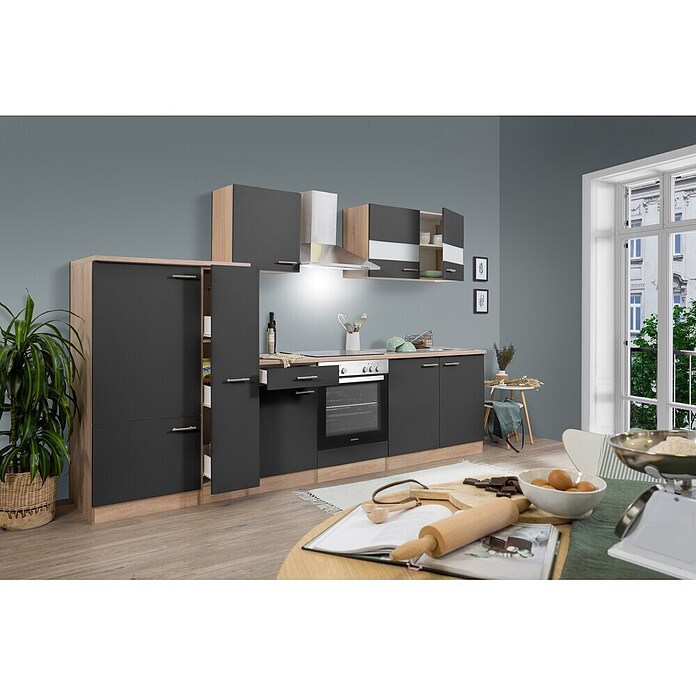 Respekta Küchenzeile KB300ESGC (Breite: 300 cm, Mit Elektrogeräten, Grau)
