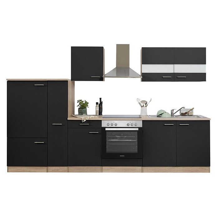 Respekta Küchenzeile KB300ESSC (Breite: 300 cm, Mit Elektrogeräten, Schwarz)