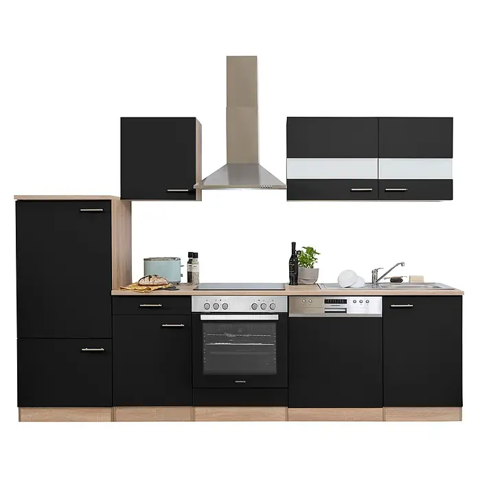 Respekta Küchenzeile Merle Typ 1 - Breite: 280 cm, Schwarz, Mit Elektrogeräten - Moderne Küchenzeile mit schwarzen Schrankfronten, hellen Holzakzenten, Backofen, Kochfeld, Spüle, Geschirrspüler, Dunstabzugshaube und Zubehör.
