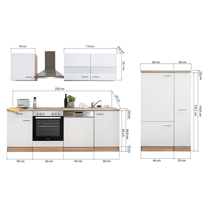 Respekta Küchenzeile KB310ESWC (Breite: 310 cm, Mit Elektrogeräten, Weiß)