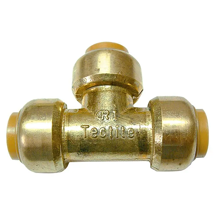Steck-Reduzier-T-Stück - Durchmesser: 22 mm, Ausführungseigenschaft: 22 x 15 x 22 mm - Messingfarbenes Tectite T-Stück mit gelben Einsätzen für Rohranschlüsse.