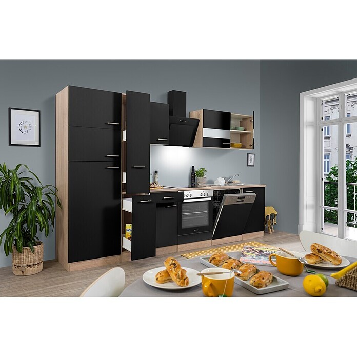 Respekta Küchenzeile KB310ESSCGKE (Breite: 310 cm, Mit Elektrogeräten, Schwarz)