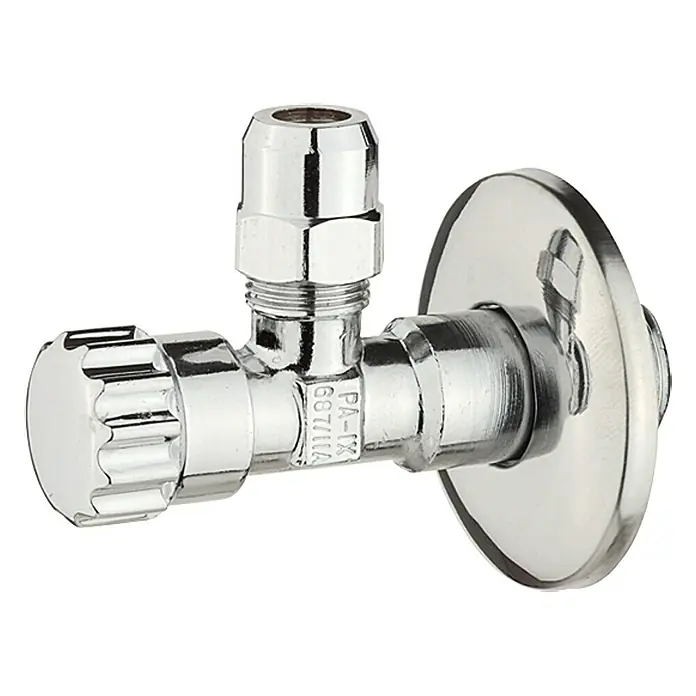 Eckventil - ½″, 1 Stk. - Ein glänzendes Eckventil aus Chrom für den Sanitärbereich, ideal für Waschbecken oder Toilettenanschlüsse. Robuste Ausführung für zuverlässige Wasserregulierung.